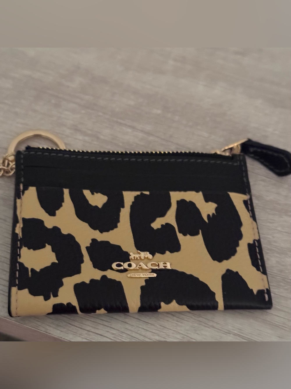 Coach Leopard Print Card Case Key Ring - Black & Tan wallet